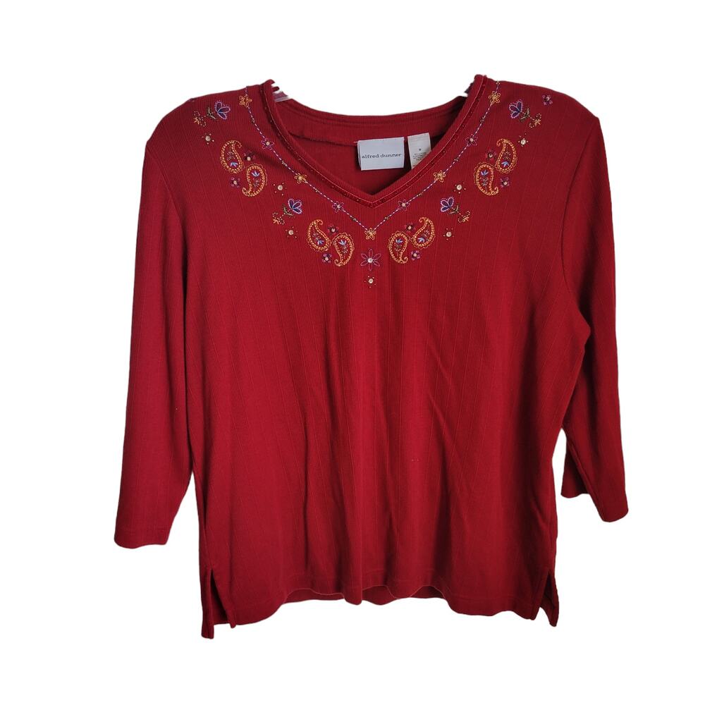 Alfred Dunner Beaded Embroidered Classic Retro Red 3/4 Sleeve Sweater Holiday